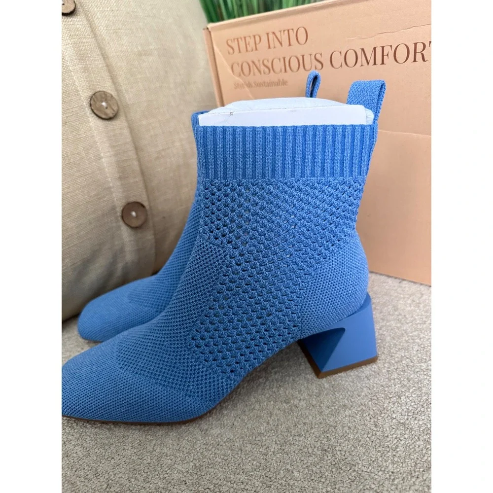 VIVAIA Square Toe Heeled Ankle Boots with Perforated Design Blue EU/35 US/5 - Picture 10 of 14
